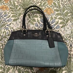 COACH MINI BROOKE CARRYALL IN COLORBLOCK F28079 SV/AQUAMARINE/NAVY EUC